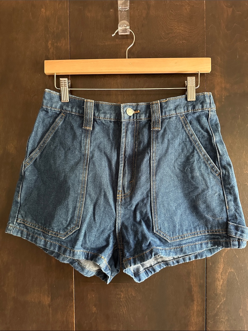 wild fable Dark Blue High-Rise Denim Shorts with Front Patch Pockets